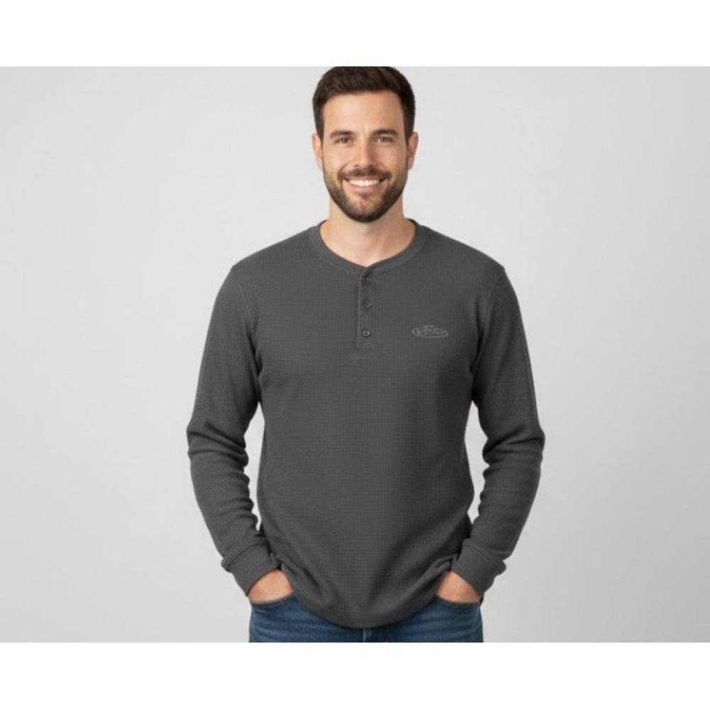 RealTree Men's Charcoal Thermal Waffle Knit Long Sleeve Henley Shirt  Gorpcore S